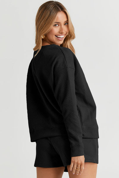 Stylish Women's Black Textured Long Sleeve Top & Comfortable Drawstring Shorts Set - Versatile Summer Outfit