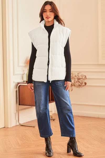 Cozy Women's Oversized Beige Puffer Vest with Zipper Neck - Stylish Cold Weather Outerwear for Ultimate Comfort