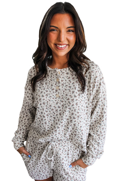 Women's Floral Ribbed Henley Top and Drawstring Shorts Set