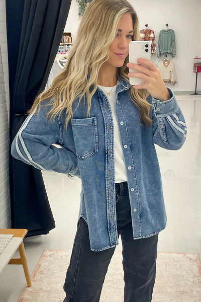 Classic Blue Women's Loose-Fit Denim Jacket with Varsity Stripes and Button Closure for Effortless Style