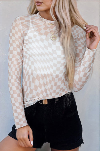 Chic Women's Khaki Checkered Long Sleeve Mock Neck Top - Stylish & Comfortable for Everyday Casual Wear