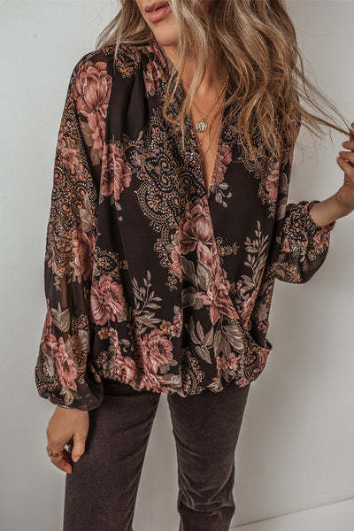 Trendy Women's Black Floral Criss-Cross V-Neck Balloon Sleeve Blouse - Stylish Casual Top for Everyday Wear