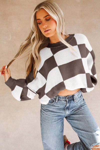 Chic Brown Checkered Sweater for Women - Cozy Knit Pullover with Relaxed Fit for Effortless Casual Style