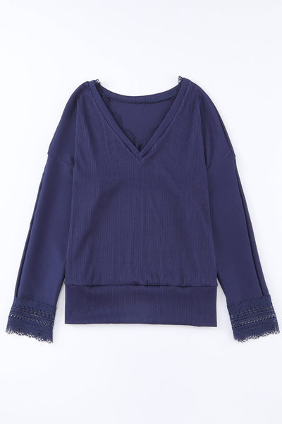 Stylish Women's Blue Ribbed Long Sleeve V-Neck Top with Lace Trim for Comfortable Everyday Wear