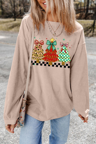 Women's Corded Ribbed Apricot Christmas Tree Graphic Sweatshirt