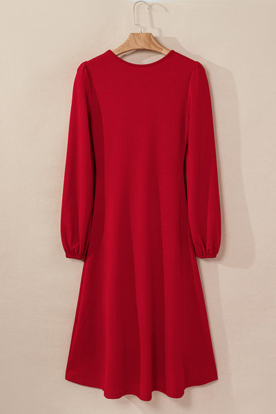 Women's Fiery Red Ruched Midi Dress with Bishop Sleeves