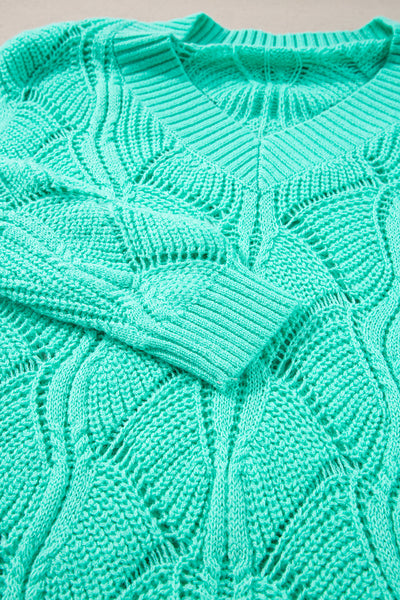 Mint Green Women's V-Neck Hollow Out Knit Sweater with Drop Shoulders - Stylish and Comfortable Knitwear for Spring