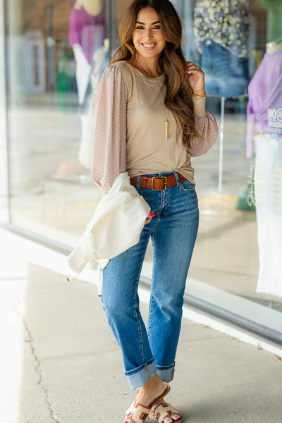 Chic Women's Parchment Polka Dot Chiffon Blouse with Patchwork Long Sleeve Round Neck Top for Effortless Casual Style