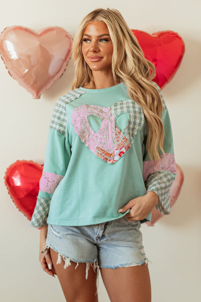 Women's Aqua Plaid Floral Graphic Long Sleeve Top with Peace Heart Design - Stylish Casual Comfort for Everyday Wear