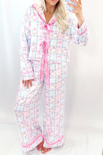 Cozy Women's Pink Holiday Pajama Set with Bow Wreath Pattern Long Sleeve Tied Front 2-Piece Christmas Sleepwear