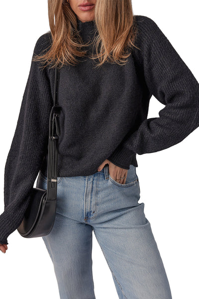 Stylish Women's Black Ribbed Knit High Neck Sweater with Cozy Raglan Sleeves - Ideal for Casual Chic Outfits