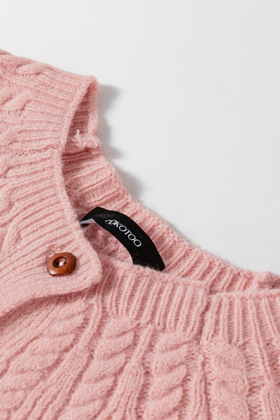 Women's Light Pink Cable-Yoke Cardigan with Wooden Buttons