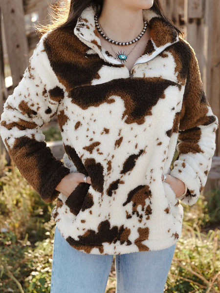 Women's Cow Print Zip Collar Fleece Sweatshirt