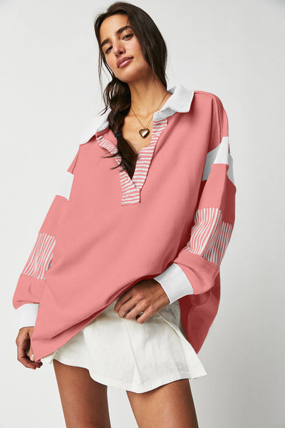 Trendy Women's Casual Striped Colorblock Sweatshirt with Collar - Cozy Everyday Style for Effortless Fashion