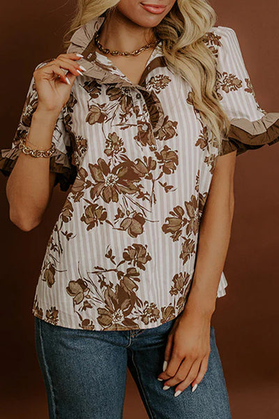 Women's Brown Floral and Striped Frill Blouse with Color Block Trim with practical styling and dependable silhouette control.