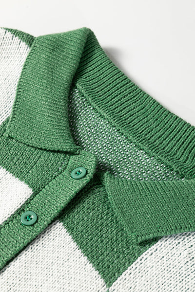 Women's Relaxed Fit Mist Green Checkered Polo Sweater with Classic Collar for Effortless Style and Comfort