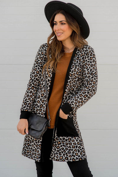 Cozy Women's Black Leopard Print Cardigan with Pockets - Chic Open Front Layering Piece for Effortless Style