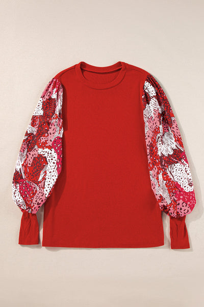 Women's Fiery Red Lantern Sleeve Top with Mixed Animal Print Trendy Patchwork Design for Stylish Casual Outfits
