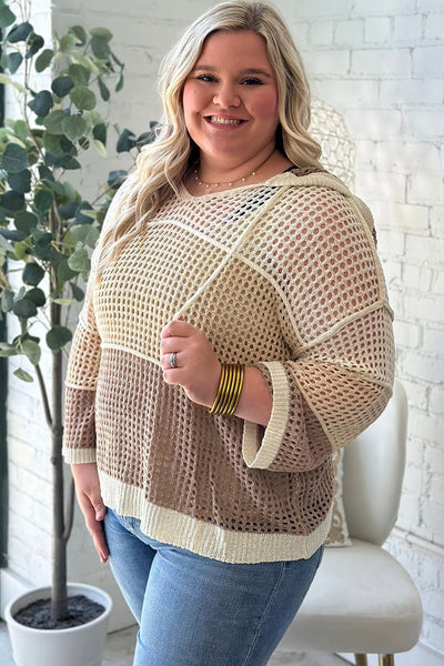 Plus Size Women's Cozy Colorblock Hooded Jumper in Parchment - Stylish Knit with Trendy Cutout Details