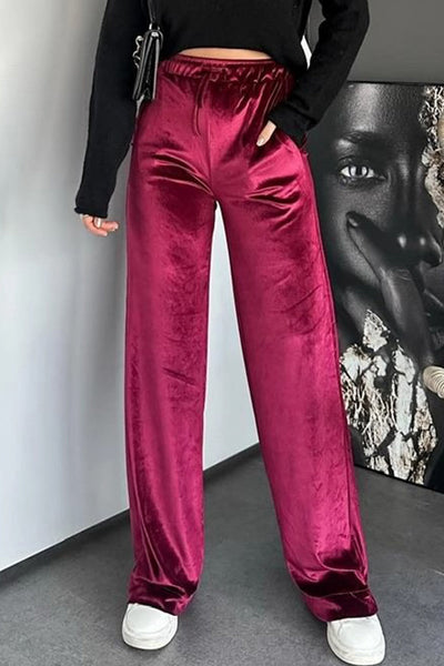 Women's Shiny Velvet High Waist Straight Leg Casual Pants in Pitaya Pink - Comfortable & Stylish for Everyday Fashion