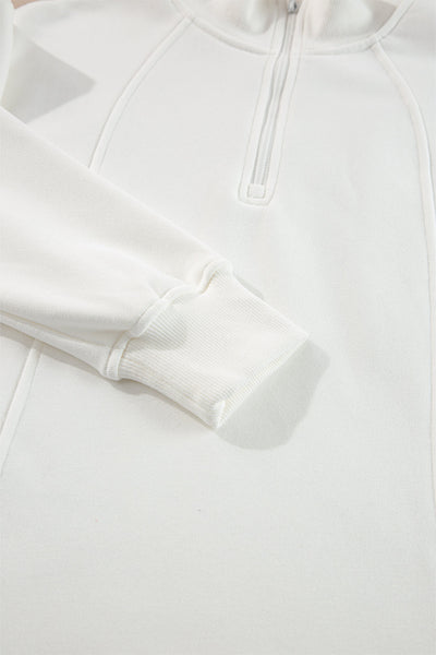 Cozy Women's White Zipped Neck Pullover Sweatshirt with Drop Shoulders - Effortless Casual Style for Everyday Comfort