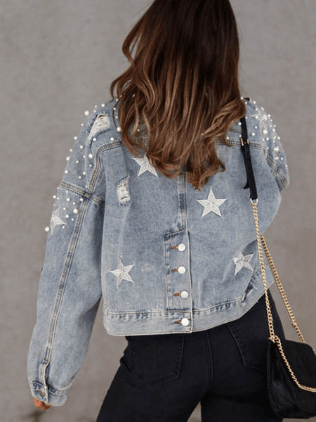 Starry Night Blue Pearl Embellished Cropped Denim Shacket