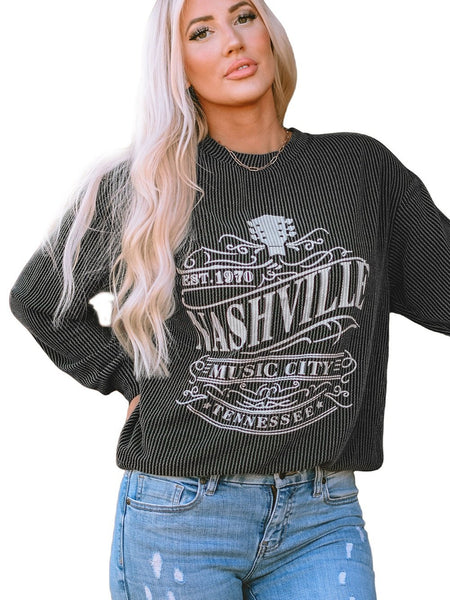 NASHVILLE MUSIC CITY Black Corded Graphic Pullover Sweatshirt