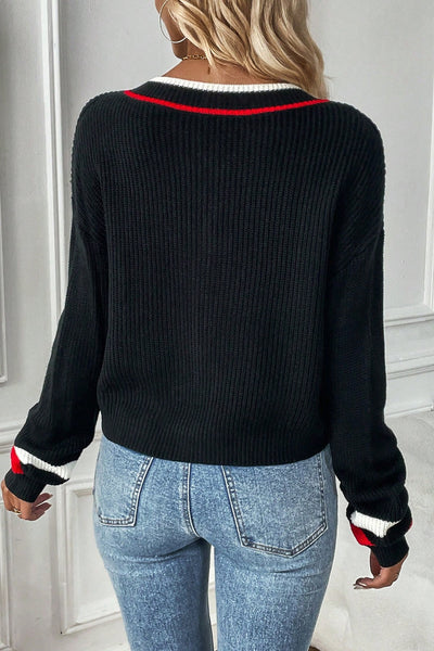 Effortlessly Chic Women's Black V-Neck Sweater with Striped Trim & Drop Shoulder for Stylish Comfort