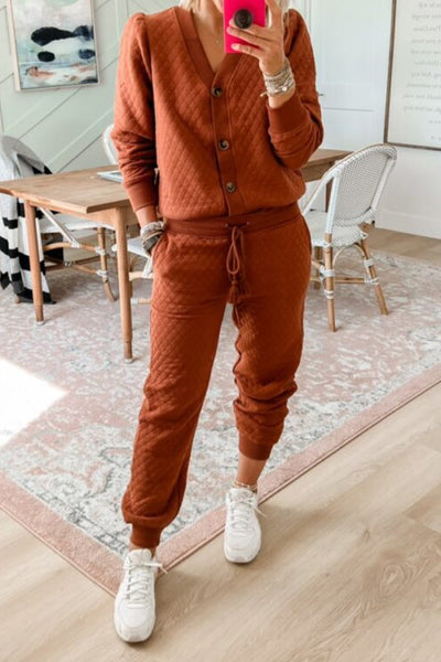 Women's Gold Flame Quilted V-Neck Button Down Top & Drawstring Jogger Pants Set - Stylish & Comfortable Outfit