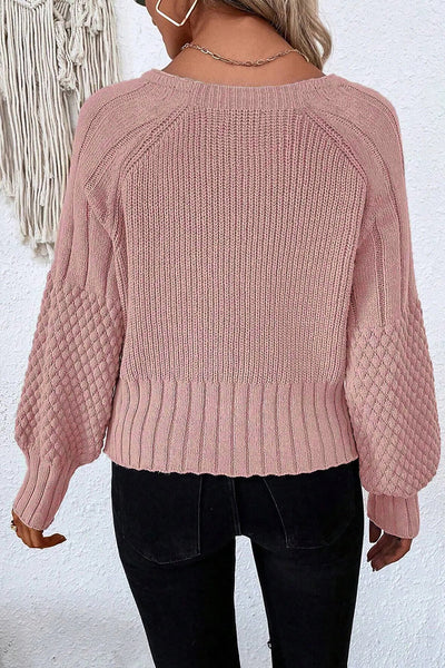 Women's Light Pink Textured Knit V-Neck Cardigan Sweater