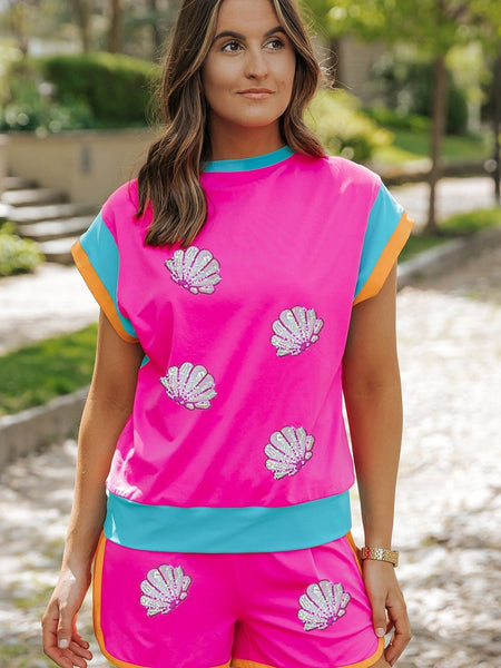 Shell Print Colorblock T-Shirt and Shorts Set in Rose Red