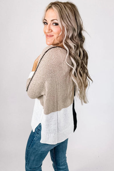 Cozy Women's Black Color Block V-Neck Knit Sweater - Relaxed Fit for Effortless Casual Chic Look