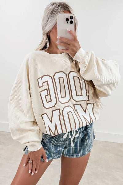 Beige Oversized Sweatshirt for Dog Moms - Cozy Casual with Ribbed Texture and Trendy Letter Print for Ultimate Comfort