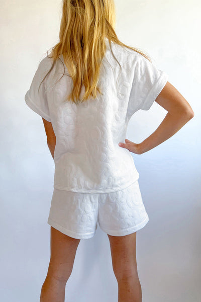 Women's White Leopard Jacquard Quarter Zip Tee and Shorts Set