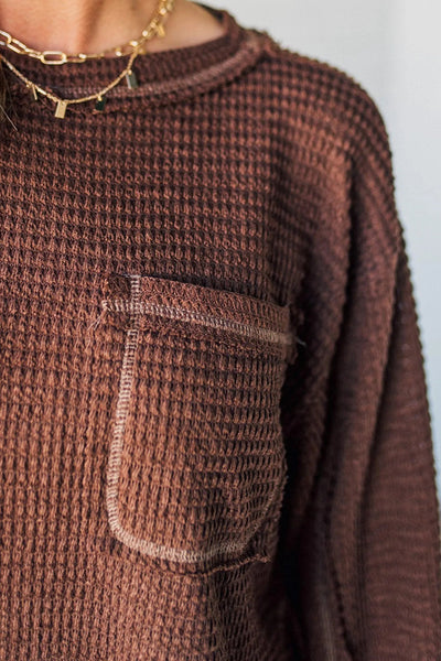 Women's Loose Fit Coffee Thermal Long Sleeve Top with Textured Seams & Patchwork Design - Stylish Casual Wear