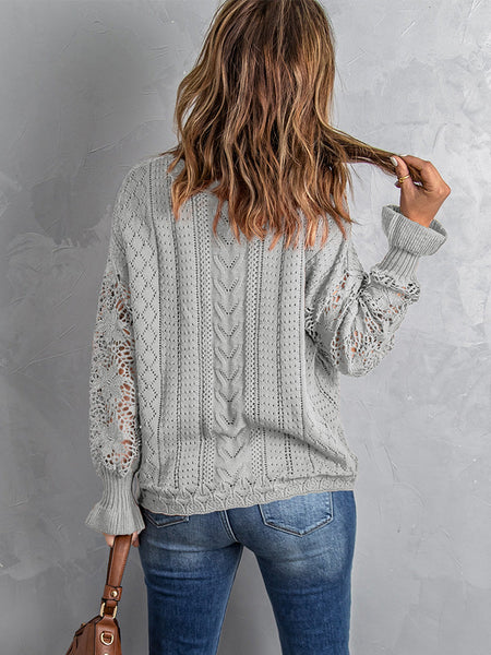 Women's Elegant Gray Crochet Lace Sweater - Cozy Long Sleeve Knit Top for Chic Fall Style and Comfort