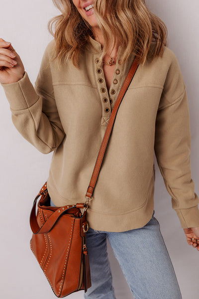 Women's Casual French Beige V-Neck Sweatshirt with Grommet Details for Comfortable Stylish Layering