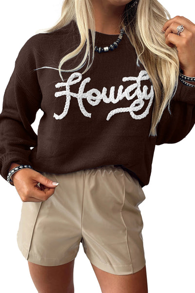 Women's Cozy Chicory Coffee Howdy Embroidered Western Sweater - Stylish Fit for Casual Outings & Everyday Comfort