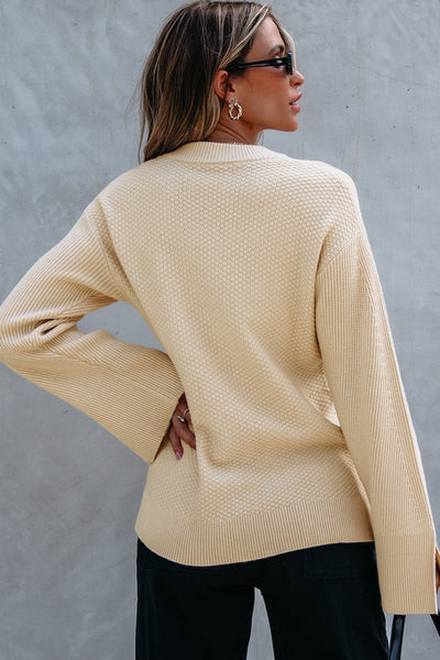 Women's Parchment Waffle Knit Sweater with Split Cuffs and Drop Shoulders with practical styling and dependable silhouette control.