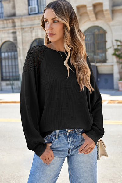 Elegant Women's Black Lace Long Sleeve Pullover - Textured Knit Top with Stylish Detailing & Cozy Comfort