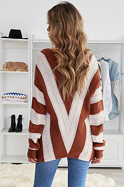 Women's Brown Striped Colorblock V-Neck Knit Sweater - Cozy Casual Fit for Fall & Winter Fashion