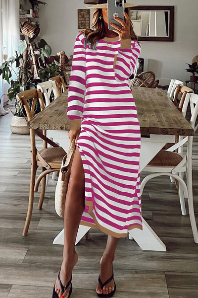 Women's Rose Stripe Long Sleeve Midi Dress with Contrast Edges and Side Slits - Stylish, Chic, and Comfortable