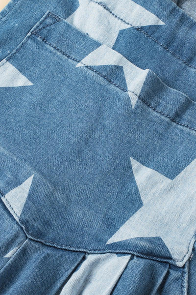 Women's Star Print Buttoned Strap Pleat Wide Leg Denim Overall