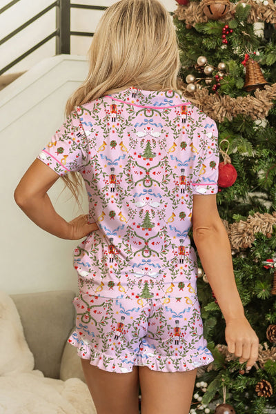 Cozy Women's Pink Nutcracker Doll Christmas Pajama Set - 2-Piece Sleepwear with Contrast Trim and Ribbon Tie Waist