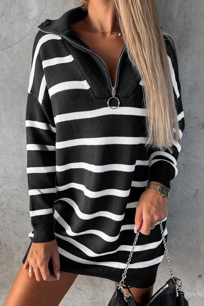 Stylish Women's Black Striped Sweater Dress - Cozy Fitted Knit, Ideal for Casual Outings and Effortless Layering