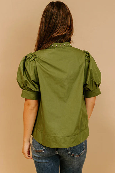 Chic Women's Fern Green V-Neck Blouse with Short Puff Sleeves and Rivet Details for Trendy Style