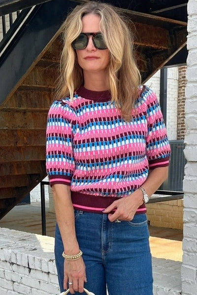 Women's Playful Pink Stripe Knit Sweater - Cozy Short Sleeve Top for Stylish Spring Casual Wear