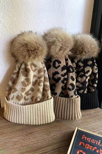Women's Light Beige Leopard Knit Beanie with Faux Fur Pom