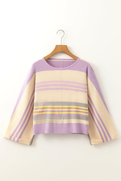 Cozy Purple Striped Dolman Sleeve Sweater for Women - Rib Knit, Cuffed Design for Effortless Style and Comfort