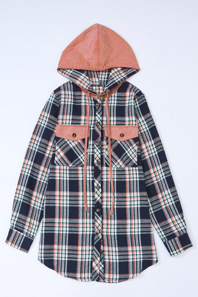 Women's Pink Plaid Shacket with Hood & Drawstring - Trendy Layering Jacket for Effortless Casual Style